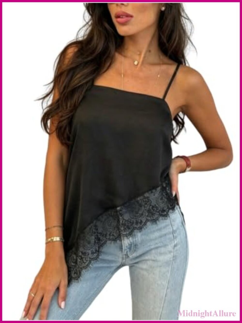 Women's Satin Lace Trim Asymmetrical Camisole Top Y2K Silk Tank